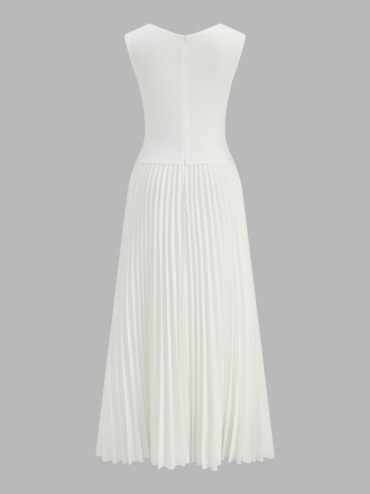 V-Neck Sleeveless Pleated Panel Midi Dress