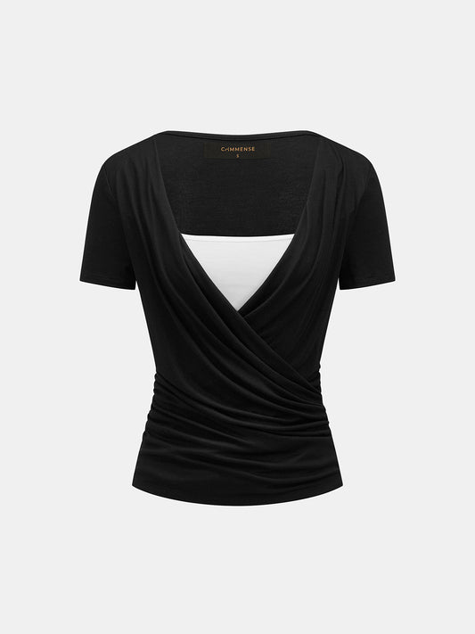 Fake Two Piece Draped Short Sleeve Blouse