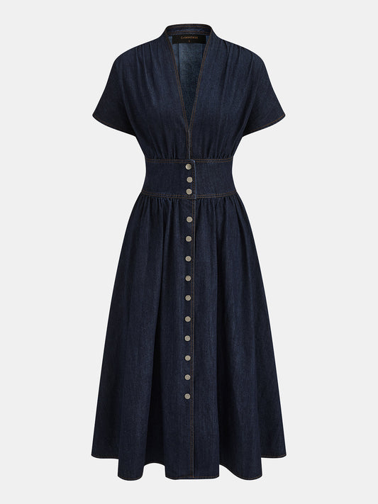 V-Neck Button Down Maxi Denim Dress