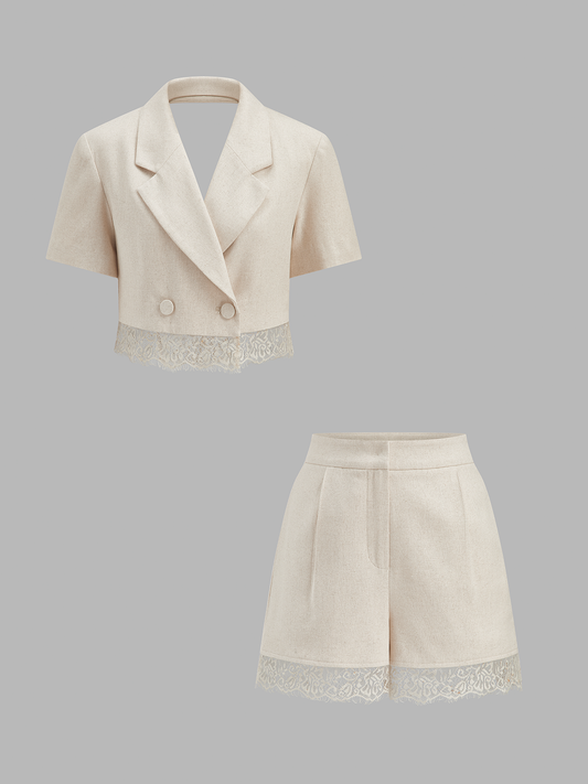 Cotton Linen Lace Hem Blazer & Shorts Set