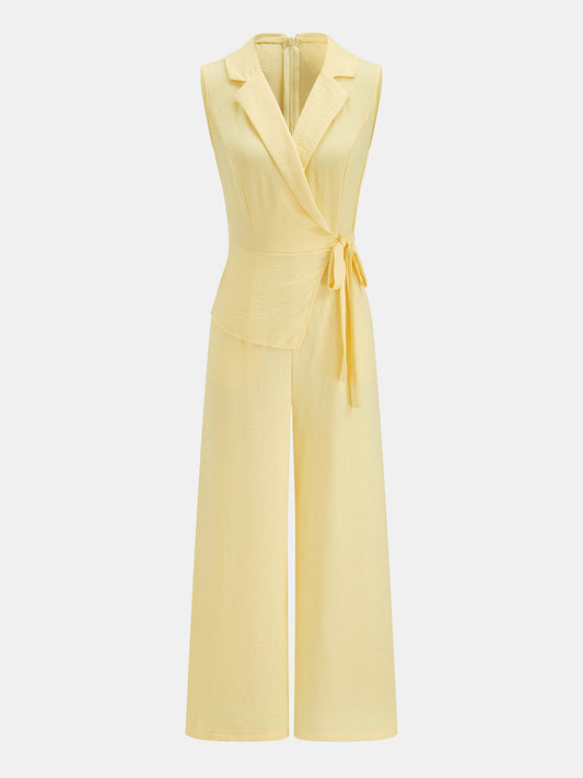 Lapel Wrap Tie Waist Wide Leg Jumpsuit