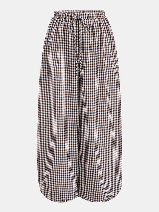 Drawstring Plaid Loose Balloon Pants