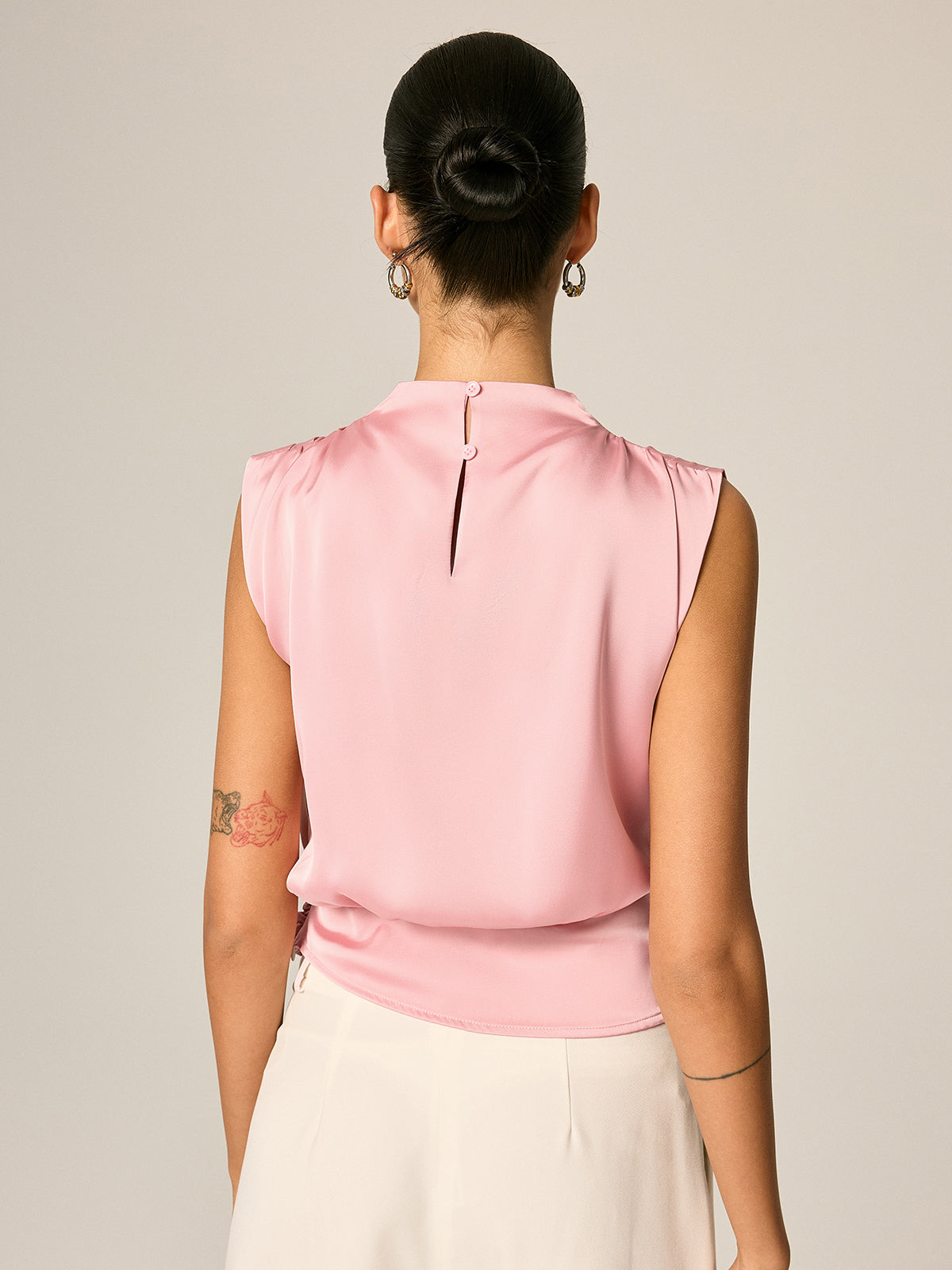 Draped Satin Tie Waist Sleeveless Blouse
