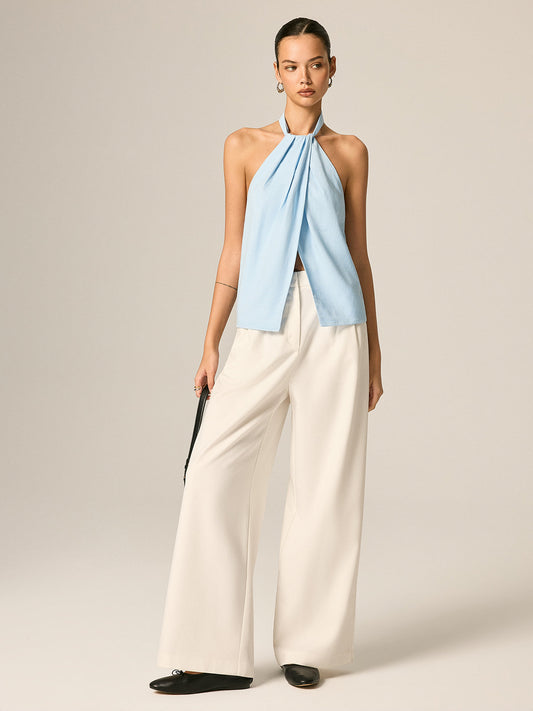 Halter Neck Front Slit Linen Blend Top