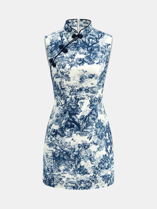 Toile Print Frog Button Sleeveless Mini Dress
