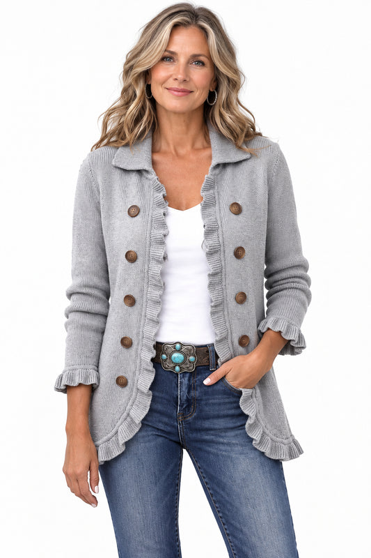Eloísa | Chaqueta de Punto Gris Jaspeado con Volantes