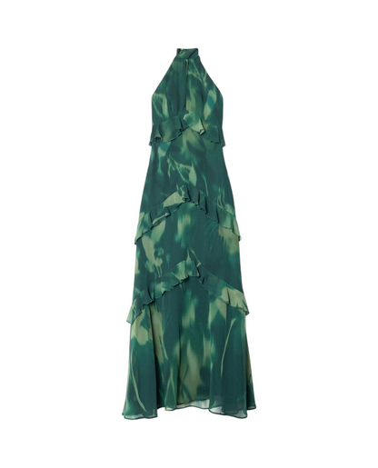 Vestido largo Mara Domínguez Esme en verde con estampado abstracto, cuello halter y detalles de volantes en capas.