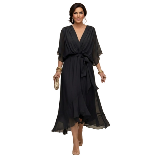 Mercedes | Vestido Midi de Gasa con Cinturón y Escote en V