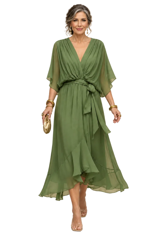 Mercedes | Vestido Midi de Gasa con Cinturón y Escote en V