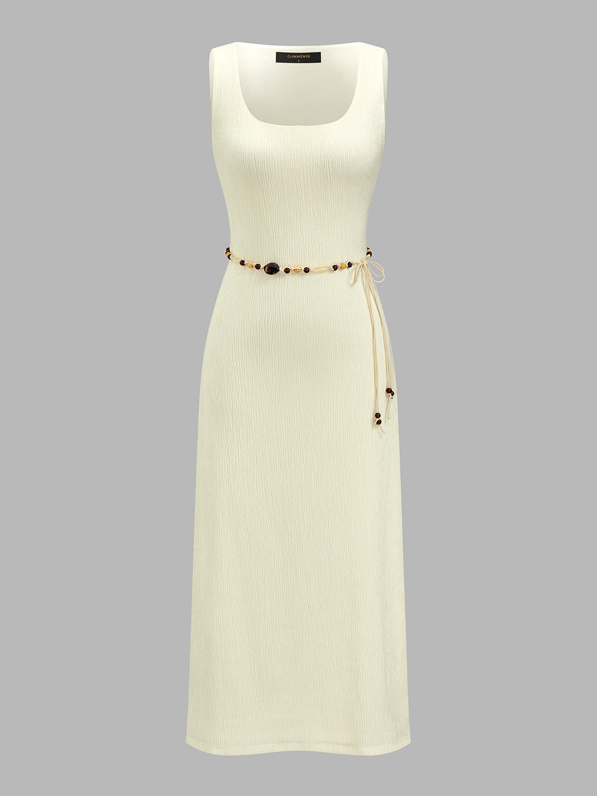 Textured Square Neck Belted Sleeveless Midi Dress
