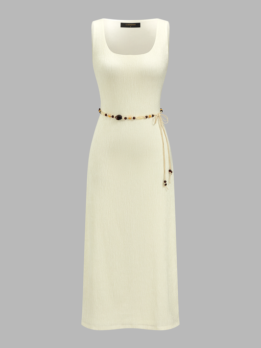 Textured Square Neck Belted Sleeveless Midi Dress