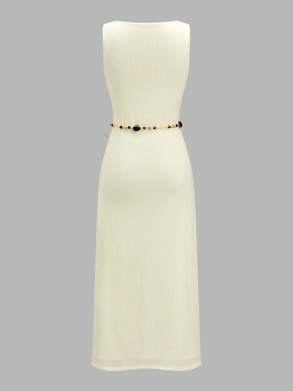 Textured Square Neck Belted Sleeveless Midi Dress