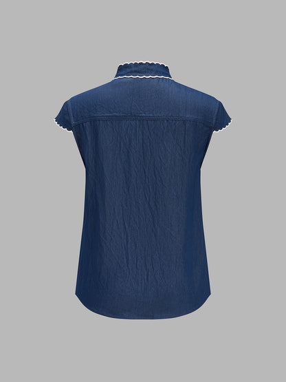 Wave Trim Tie Neck Cap Sleeve Blouse