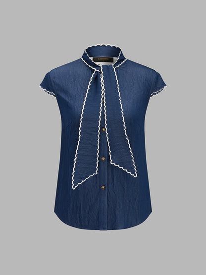 Wave Trim Tie Neck Cap Sleeve Blouse