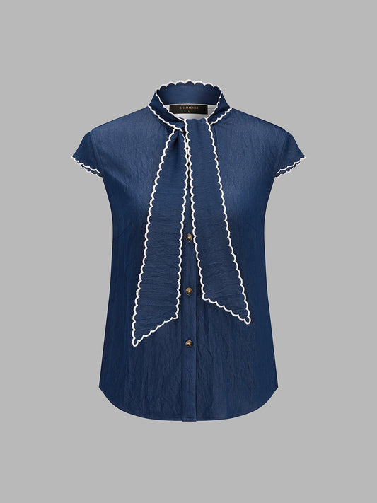Wave Trim Tie Neck Cap Sleeve Blouse