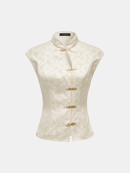 Metal Frog Button Jacquard Sleeveless Vest