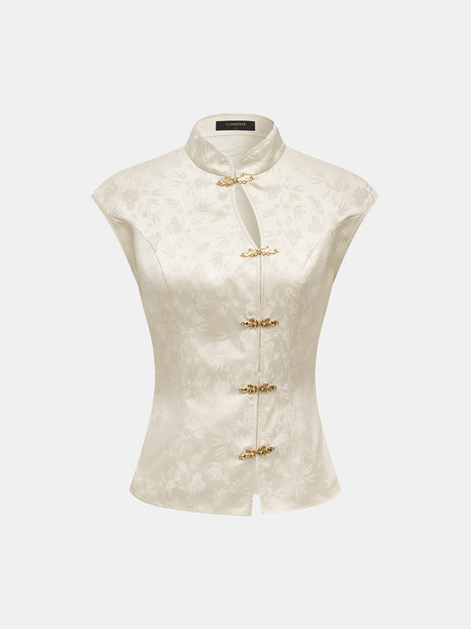 Metal Frog Button Jacquard Sleeveless Vest