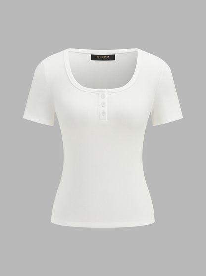 Henley Casual Ribbed Short Sleeve Top