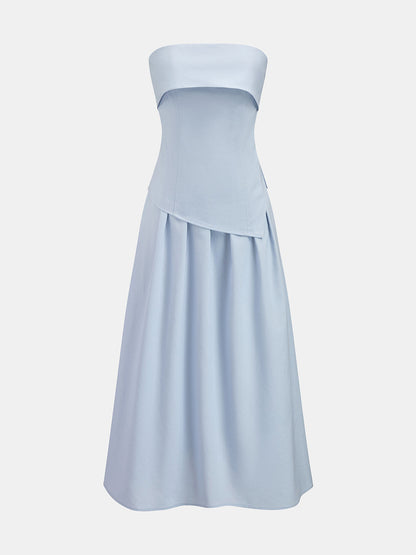 Fold Over Strapless Pleated Midi Dress