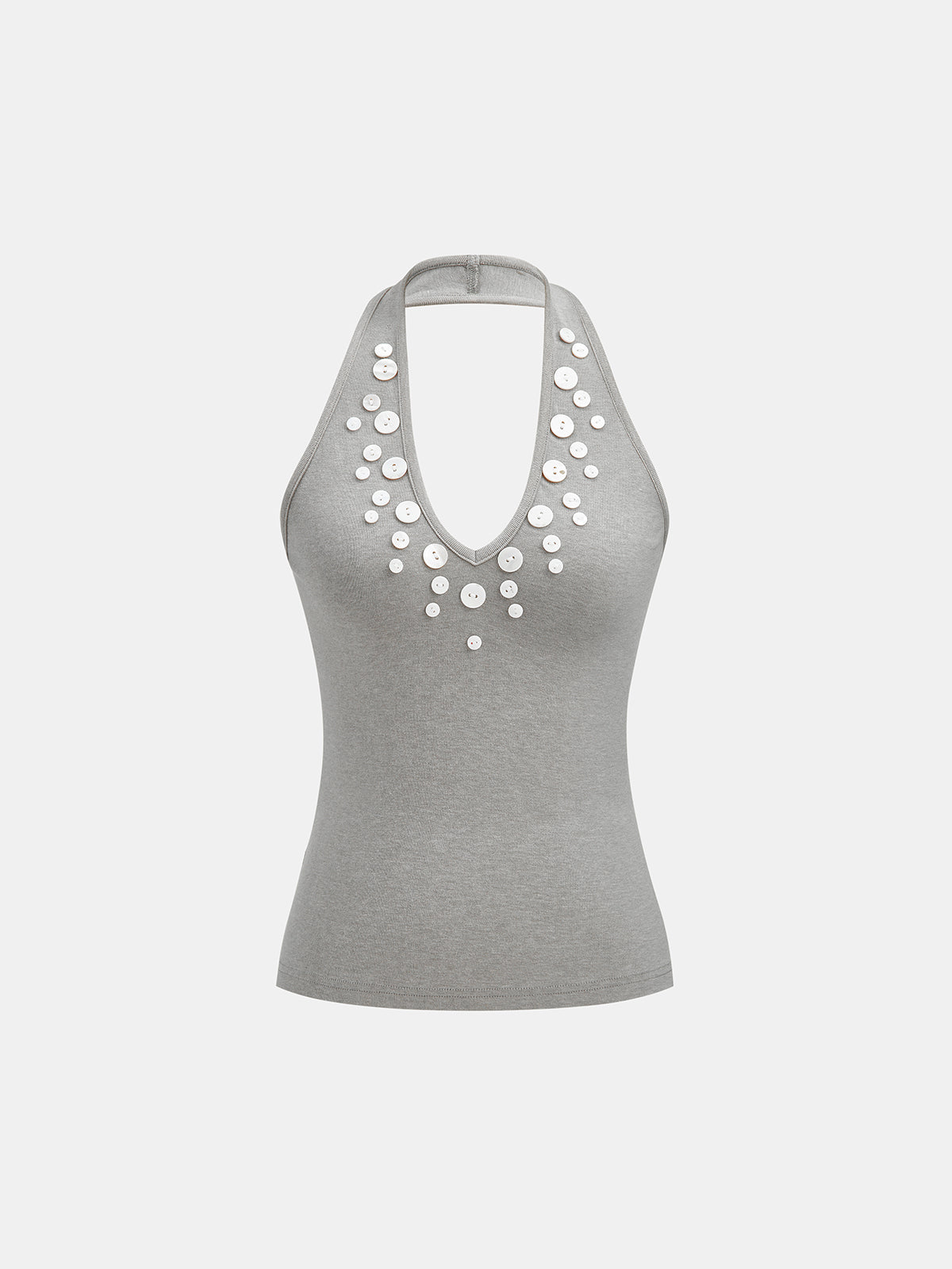 Button Embellished Halter Neck Fitted Tank Top