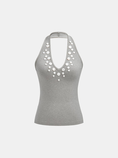 Button Embellished Halter Neck Fitted Tank Top