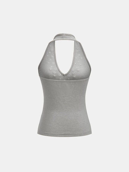Button Embellished Halter Neck Fitted Tank Top