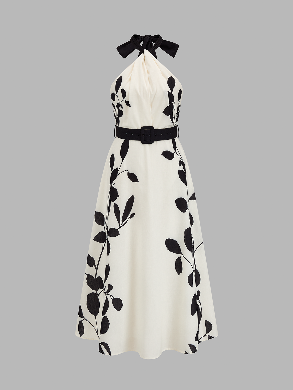 Belted Halter Leaf Print Midi Dress