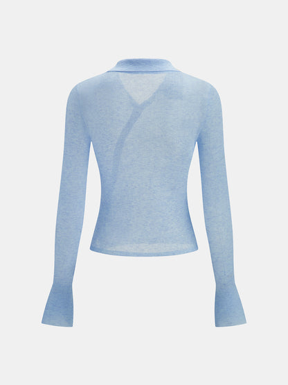 Diagonal Button Collared Sheer Knit Top