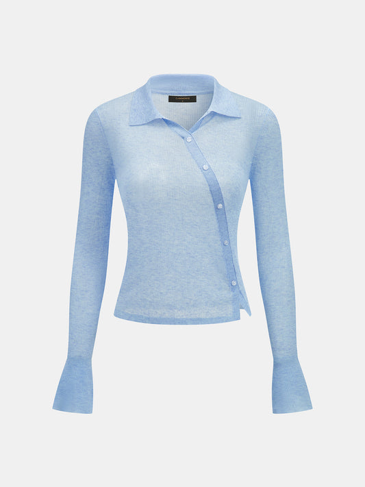 Diagonal Button Collared Sheer Knit Top