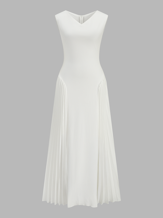V-Neck Sleeveless Pleated Panel Midi Dress