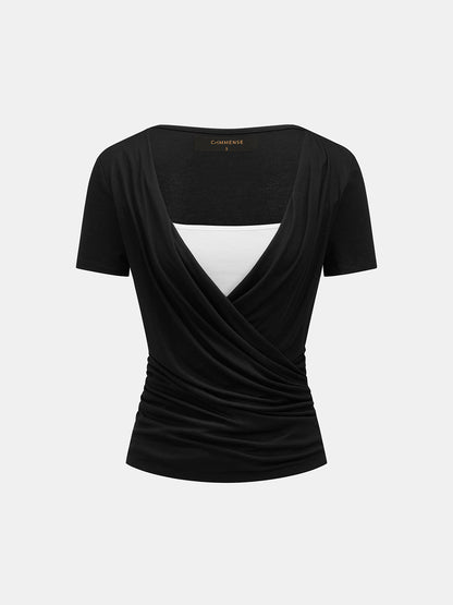 Fake Two Piece Draped Short Sleeve Blouse