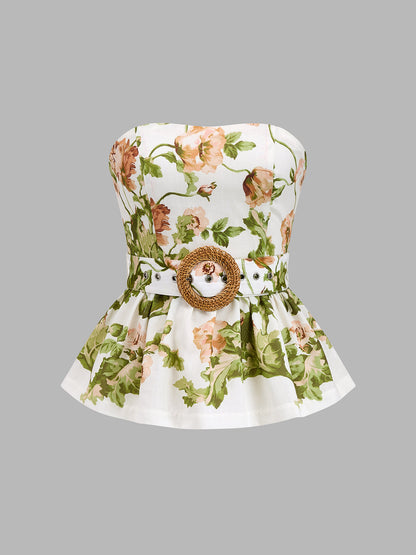 Floral Print Strapless Belted Peplum Top