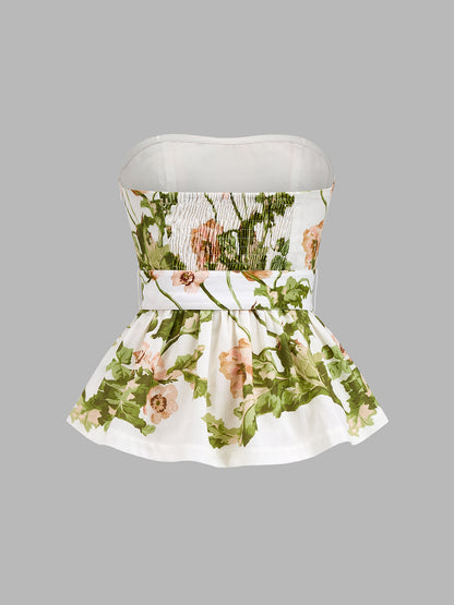 Floral Print Strapless Belted Peplum Top