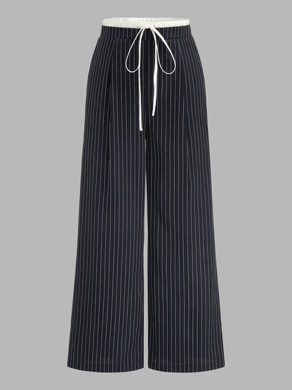 Contrast Waistband Drawstring Pinstripe Pants