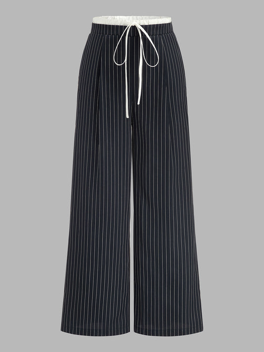 Contrast Waistband Drawstring Pinstripe Pants