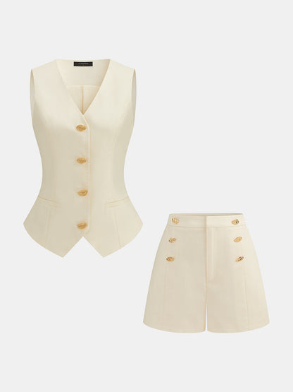 Metal Button Linen Blend Two Piece Shorts Set