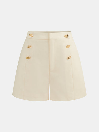 Metal Button Linen Blend Two Piece Shorts Set