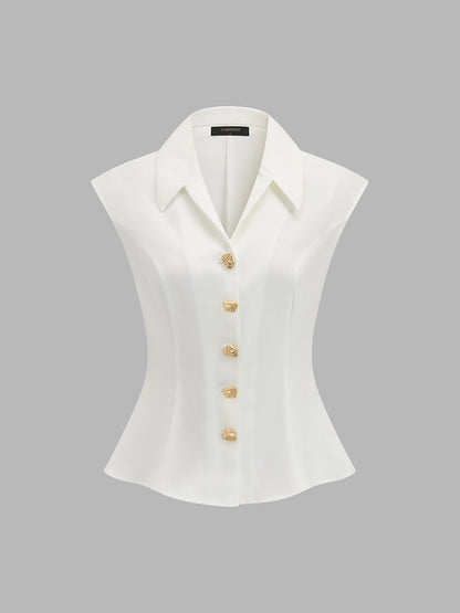 Collared Metal Button Sleeveless Blouse