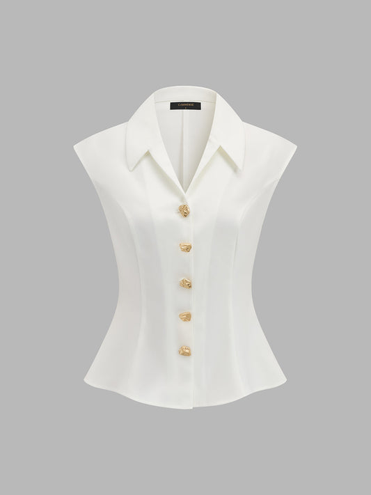 Collared Metal Button Sleeveless Blouse
