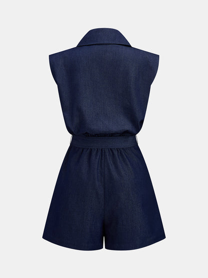 Lapel Belted Sleeveless Pleated Romper
