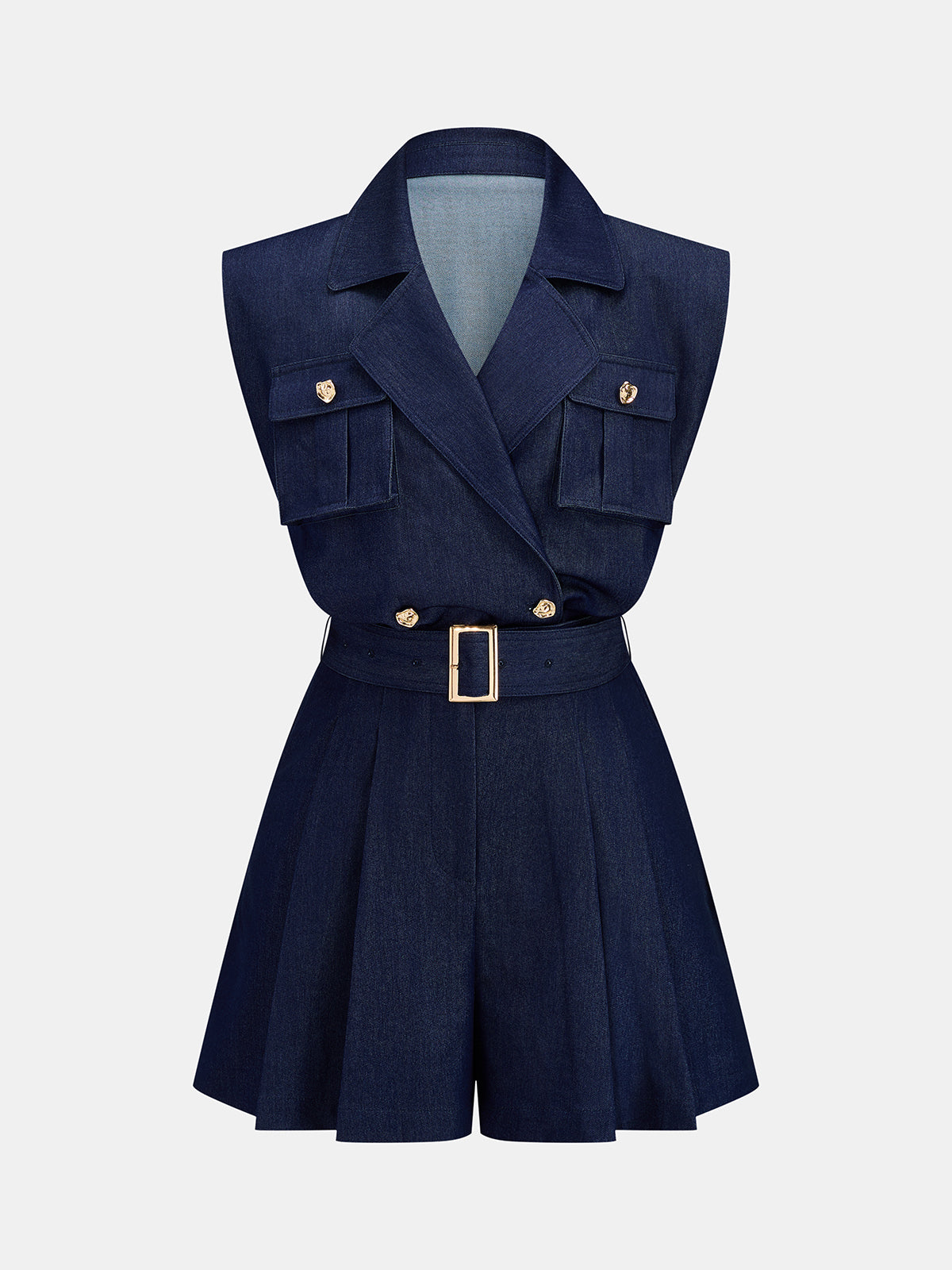 Lapel Belted Sleeveless Pleated Romper