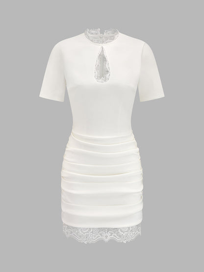 Lace Trim Ruched Keyhole Mini Dress