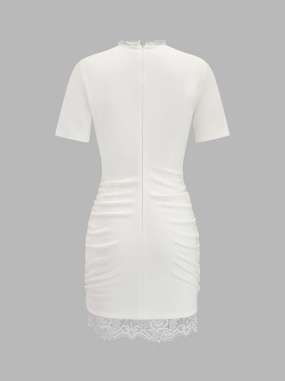 Lace Trim Ruched Keyhole Mini Dress