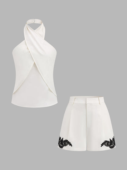 Cross Halter Top & Lace Applique Shorts Set