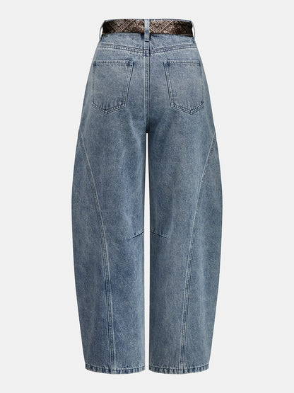 Bandana Belted Seam Detail Barrel Jeans