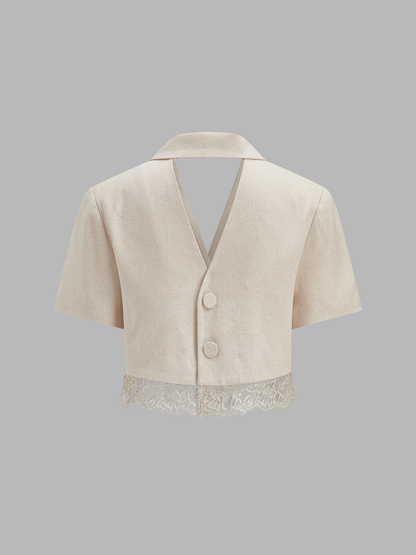Cotton Linen Lace Hem Blazer & Shorts Set