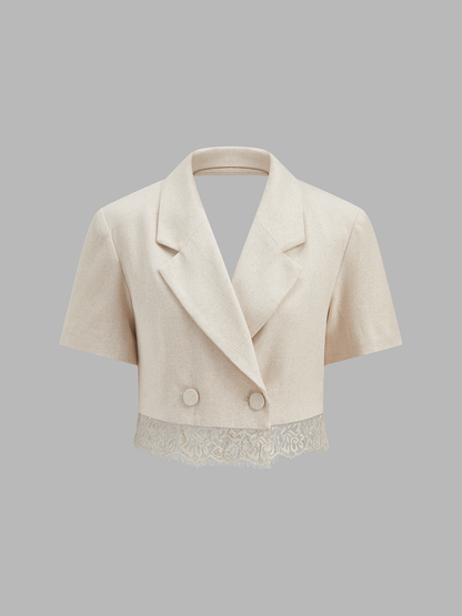 Cotton Linen Lace Hem Blazer & Shorts Set