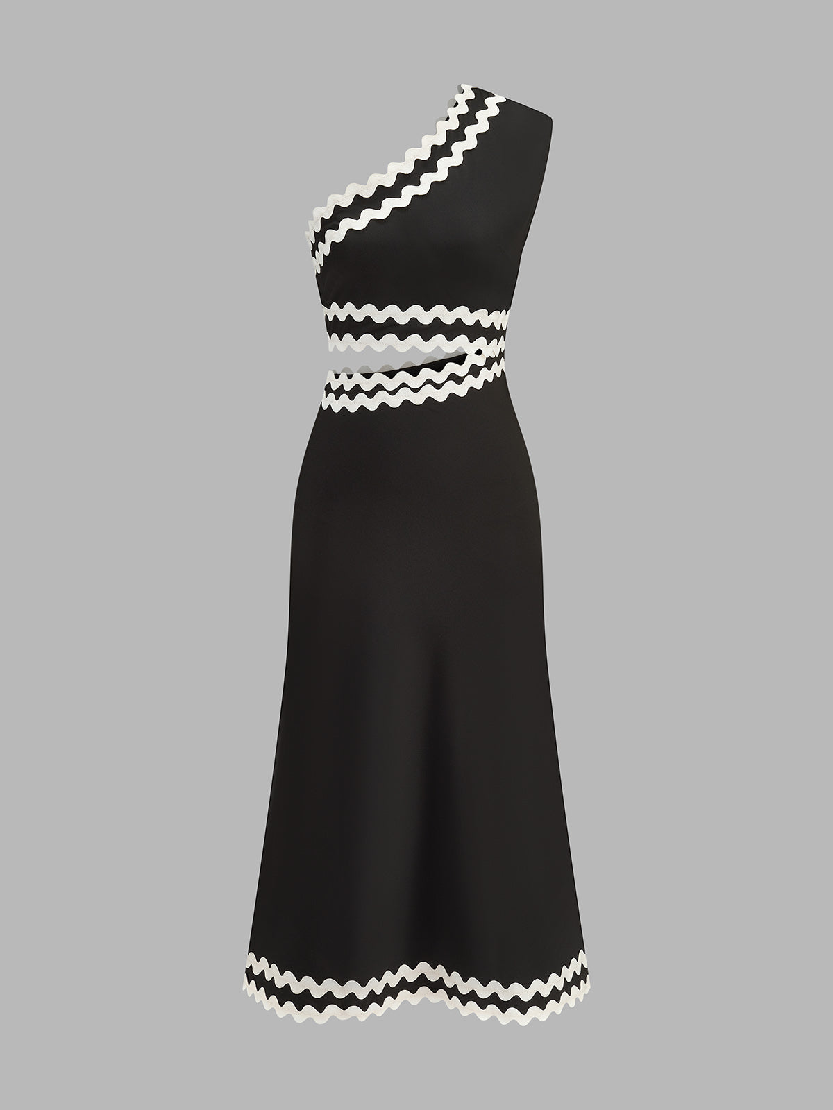 Wave Trim One Shoulder Cutout Midi Dress