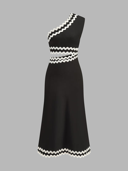 Wave Trim One Shoulder Cutout Midi Dress