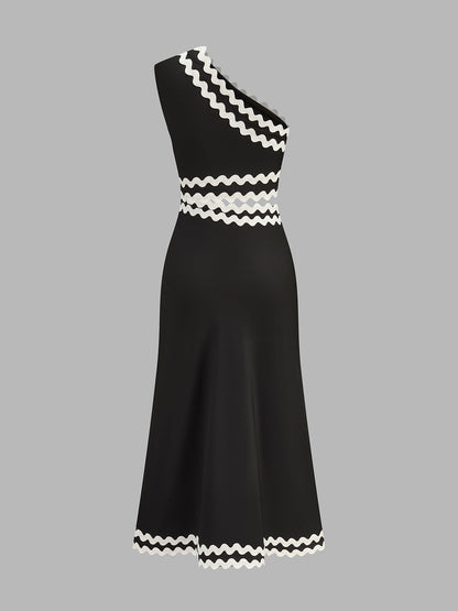 Wave Trim One Shoulder Cutout Midi Dress